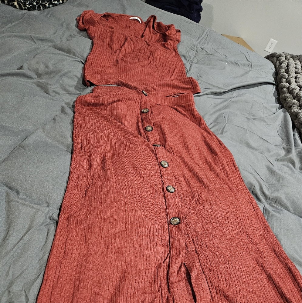 Reformation knit ribbed set: top and skirt